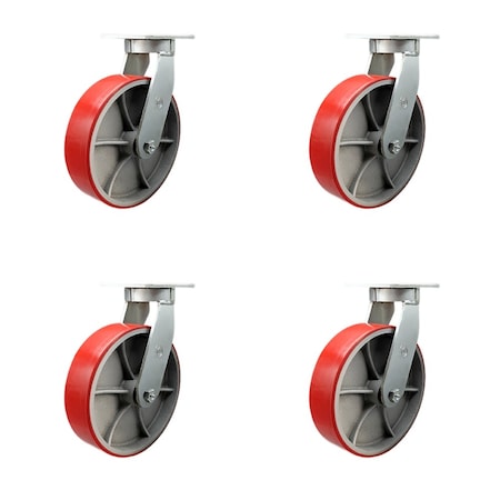 Service Caster 10'' Heavy Duty Red Poly on Cast Iron Swivel Caster Set with 2 Swivel Locks, 4PK CRAN-SCC-KP92S1030-PUR-RS-BSL-2-S-2